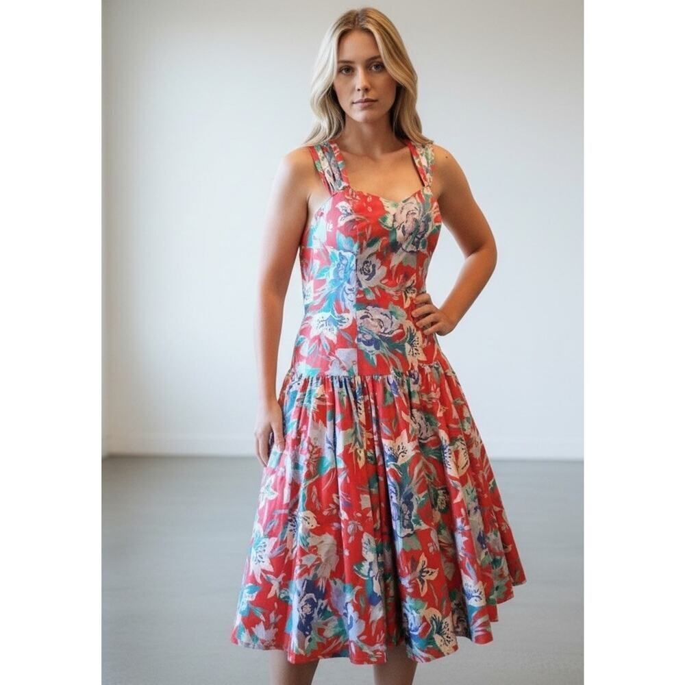 Laura Ashley Vintage Floral Cotton Sundress US 8 Midi Lined Tulle Skirt Zip